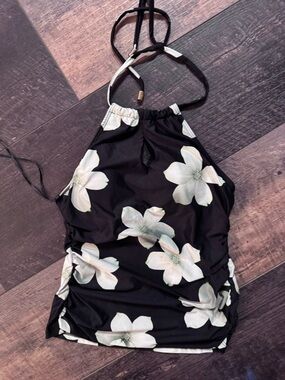 Lauren Ralph Lauren Black Floral Halter Swim Top Ruched Side Tankini Size 10
